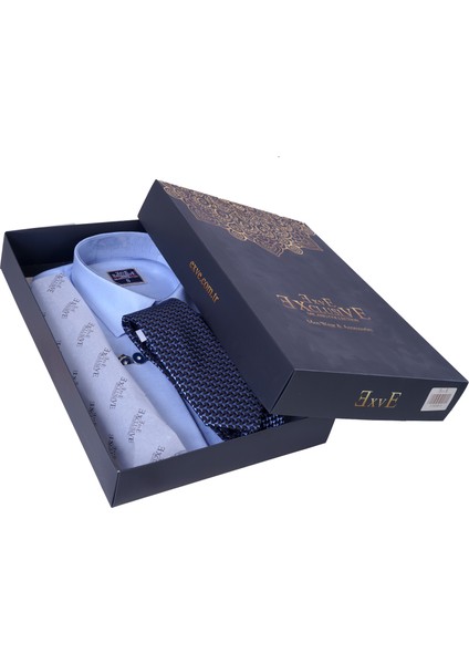 Gök Mavi Kendinden Çizgili Hediyelik Kutulu Duble Manşet Gömlek Kol Düğmesi ve Kravat Seti fiyatları