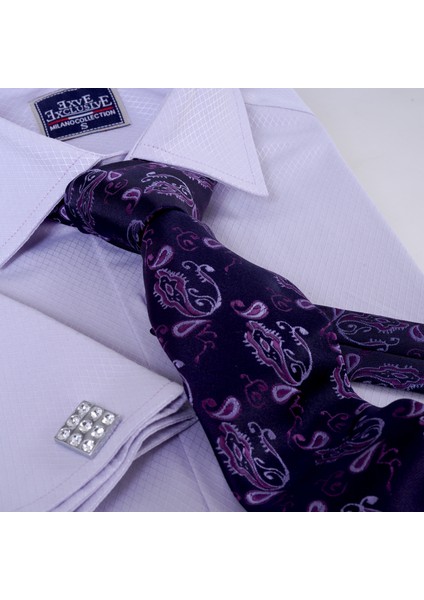 Lila Elegant Desenli Hediyelik Kutulu Duble Manşet Gömlek Kol Düğmesi ve Kravat Seti