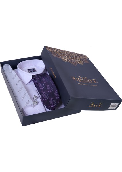 Lila Elegant Desenli Hediyelik Kutulu Duble Manşet Gömlek Kol Düğmesi ve Kravat Seti fiyatları