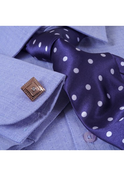 Mavi Elegant Desenli Hediyelik Kutulu Duble Manşet Gömlek Kol Düğmesi ve Kravat Seti