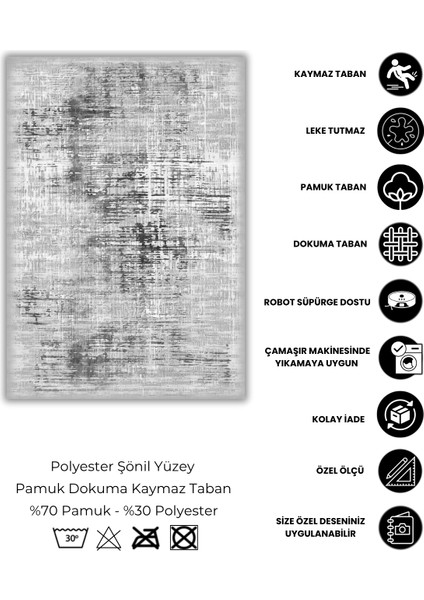 Gri Siyah Vintage Halı Dijital Baskılı Pamuk Kaymaz Tabanlı Yıkanabilir Oturma Odası Halısı fırsatları