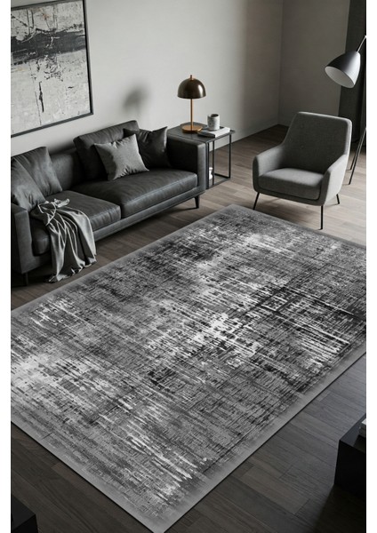 Siyah Gri Eskitme Desenli Halı Dijital Baskılı Pamuk Kaymaz Tabanlı Yıkanabilir Yazlık Halısı