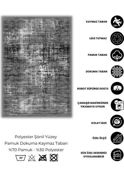 Siyah Gri Eskitme Desenli Halı Dijital Baskılı Pamuk Kaymaz Tabanlı Yıkanabilir Yazlık Halısı