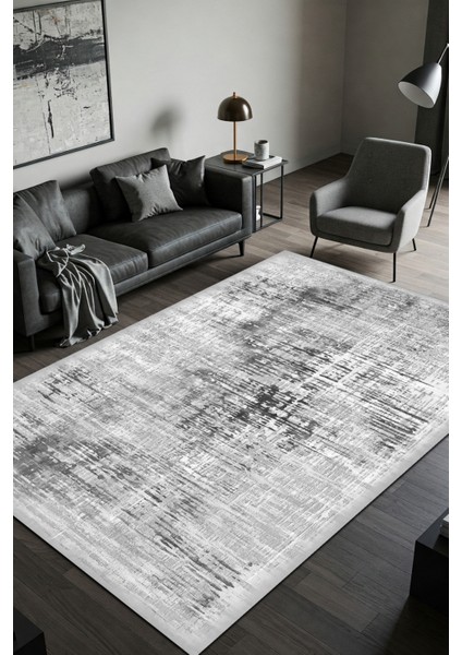 Gri Siyah Eskitme Desenli Halı Dijital Baskılı Pamuk Kaymaz Tabanlı Yıkanabilir Yazlık Halısı