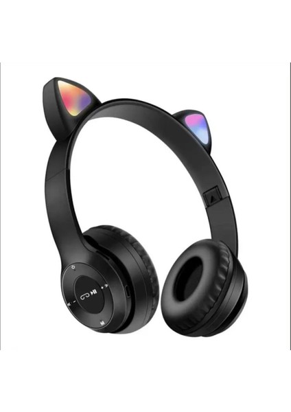 Kablosuz Bluetooth Kulaküstü Kedili P47M Kulaklık Rgb Işıklı Kedi Desenli Kulaklık