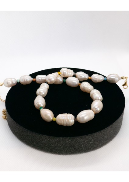 Gerçek Inci ve Renkli Akik Doğal Taşlı Choker Kolye