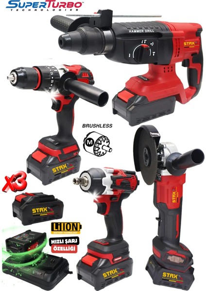 Mega 4'lü Red 10PILLI X3 Bataryalı Profesyonel Şarjlı Kırıcı Delici Somun Sökme Taşlama Matkap Seti