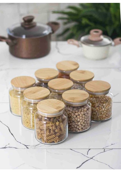 3' Lü Set Bambu Kapaklı Vakumlu Cam Kavanoz Erzak Saklama Kabı 500 ml Küçük Boy Kavanoz