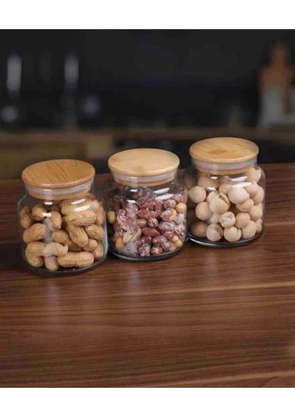 3' Lü Set Bambu Kapaklı Vakumlu Cam Kavanoz Erzak Saklama Kabı 500 ml Küçük Boy Kavanoz