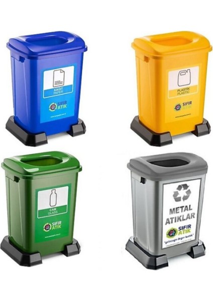 4 Lü Geri Dönüşüm Kutusu Kağıt Atık Plastik Atık Cam ve Sıfır Atık Kutuları 50 Lt