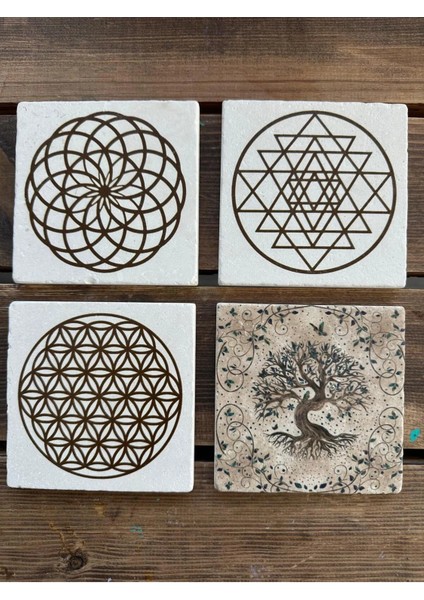 Baskılı Doğaltaş Bardak Altlığı 4'lü Set