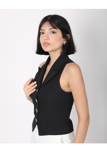 Kadın Siyah Fiyonk Düğmeli Blazer Yelek modelleri