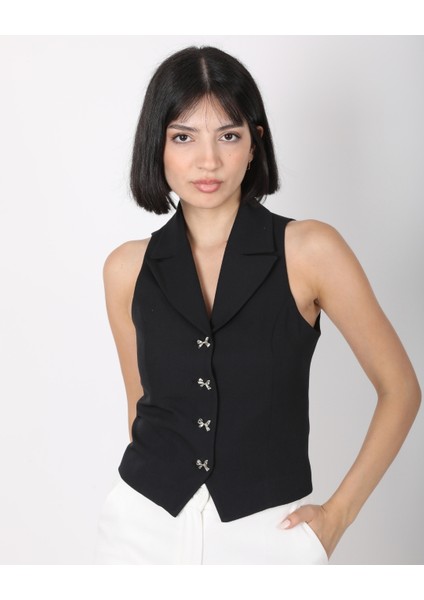 Kadın Siyah Fiyonk Düğmeli Blazer Yelek