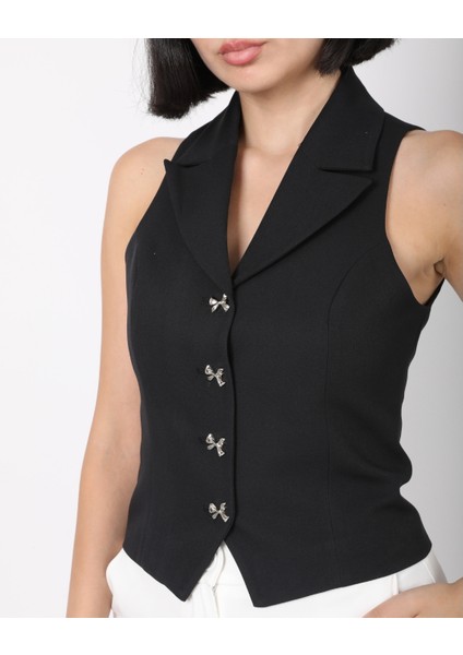 Kadın Siyah Fiyonk Düğmeli Blazer Yelek fırsatları