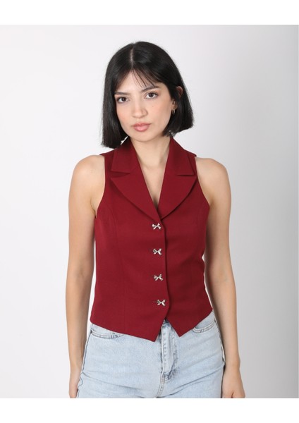 Kadın Bordo Fiyonk Düğmeli Blazer Yelek