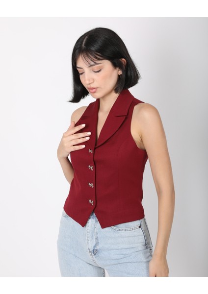 Kadın Bordo Fiyonk Düğmeli Blazer Yelek modelleri