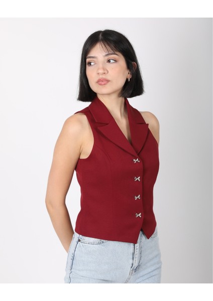 Kadın Bordo Fiyonk Düğmeli Blazer Yelek fırsatları