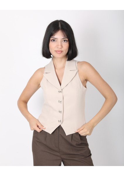 Kadın Bej Fiyonk Düğmeli Blazer Yelek