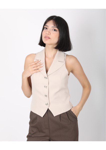 Kadın Bej Fiyonk Düğmeli Blazer Yelek modelleri