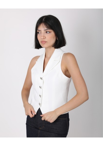 Kadın Beyaz Fiyonk Düğmeli Blazer Yelek