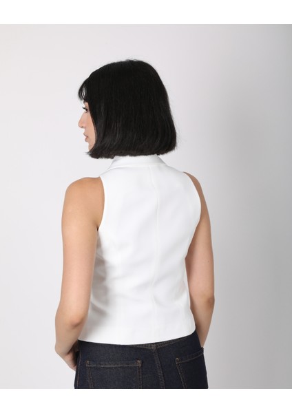 Kadın Beyaz Fiyonk Düğmeli Blazer Yelek