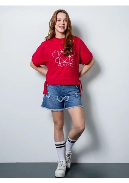 Kız Çocuk Kalp Nakış Işlemeli Kot Şort