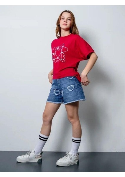 Kız Çocuk Kalp Nakış Işlemeli Kot Şort indirimleri