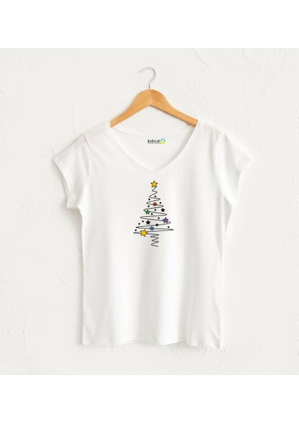 Yılbaşı Çam Ağaçlı V Yaka Beyaz Tasarım Kadın T-Shirt
