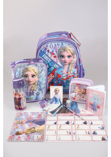 Dekomus Lisanslı Elsa Frozen "okul Çantası ve Beslenme Çantası,beslenme Kabı ve 500 ml Trıtan Matara Okul Seti