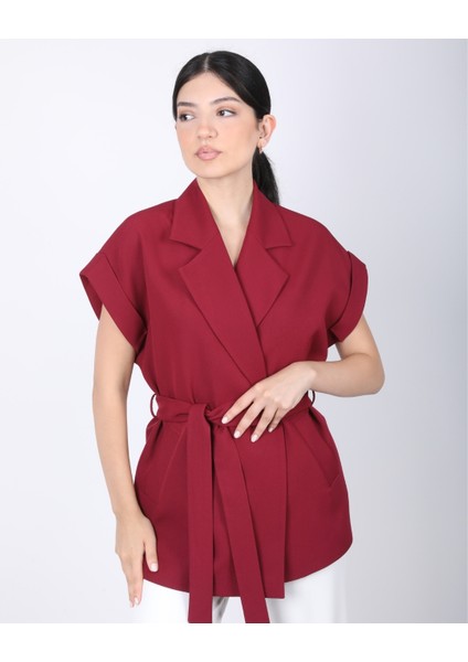 Kadın Bordo Düşük Omuzlu Oversize Kuşaklı Yelek