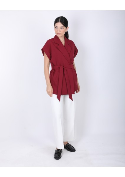 Kadın Bordo Düşük Omuzlu Oversize Kuşaklı Yelek fiyatları