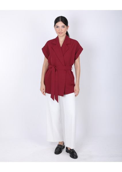 Kadın Bordo Düşük Omuzlu Oversize Kuşaklı Yelek modelleri