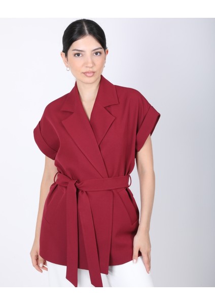 Kadın Bordo Düşük Omuzlu Oversize Kuşaklı Yelek fırsatları