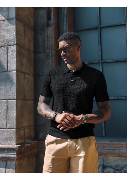 Ruben Polo Yaka Triko T-Shirt Siyah - L
