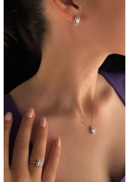 14 Ayar Altın Taşlı Baget Set (Kolye,küpe,yüzük)