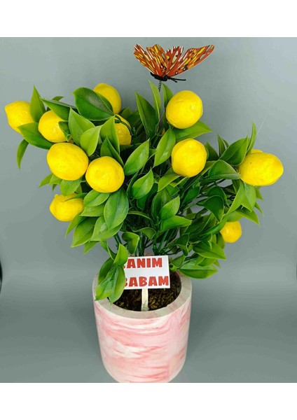 Mermer Efektli Beton Saksıda Yapay Limon Ağacı