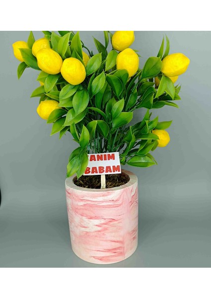 Mermer Efektli Beton Saksıda Yapay Limon Ağacı