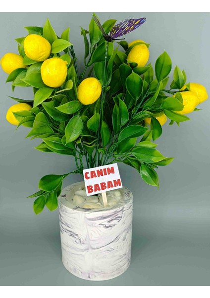 Mermer Efektli Beton Saksıda Yapay Limon Ağacı
