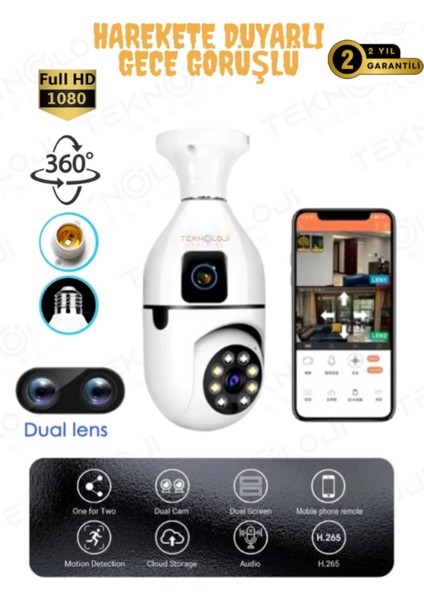 Smart Kamera Çift Lens Kablosuz 360° Full Hd Gece Görüşlü Hareket Algılama Bebek Izleme Ampül Kamera