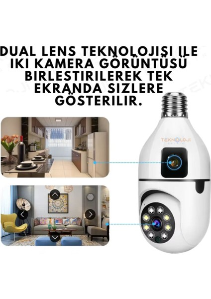 Smart Kamera Çift Lens Kablosuz 360° Full Hd Gece Görüşlü Hareket Algılama Bebek Izleme Ampül Kamera