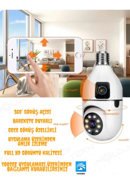 Smart Kamera Çift Lens Kablosuz 360° Full Hd Gece Görüşlü Hareket Algılama Bebek Izleme Ampül Kamera
