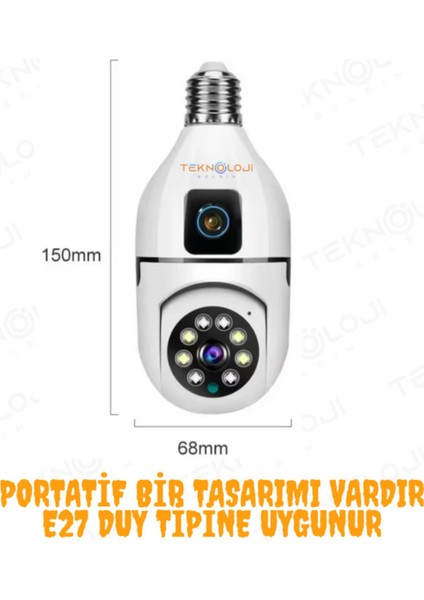 Smart Kamera Çift Lens Kablosuz 360° Full Hd Gece Görüşlü Hareket Algılama Bebek Izleme Ampül Kamera