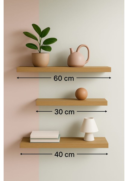 60 cm 40 cm 30 cm 3lü Safir Meşe Mdf Uçan Duvar Rafı Gizli Bağlantı Kitaplık fiyatları