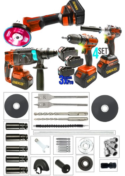 Redpro 4ın1 Akülü 4'lü Set – Taşlama + Hilti + Matkap + Somun Sıkma (3.0AH X3 Akülü 10 Pilli)