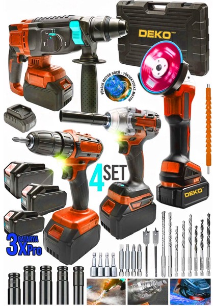 Redpro 4ın1 Akülü 4'lü Set – Taşlama + Hilti + Matkap + Somun Sıkma (3.0AH X3 Akülü 10 Pilli)