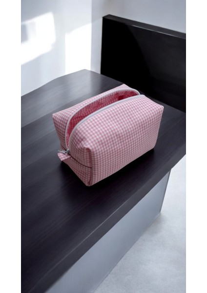 Pembe Pötikare Desenli Makyaj Çantası - Büyük Boy