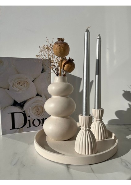 Ela-Home Dekoratif Bombeli Vazo, 2’li Şamdanlı Dekoratif Tepsili Set