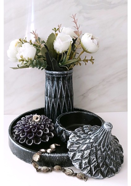 Minimal Gümüş-Siyah Vazo Yuvarlak Tepsi Çiçek Formlu Kokulu Mum Şık Bir Kutu Içeren Dekorasyon Seti