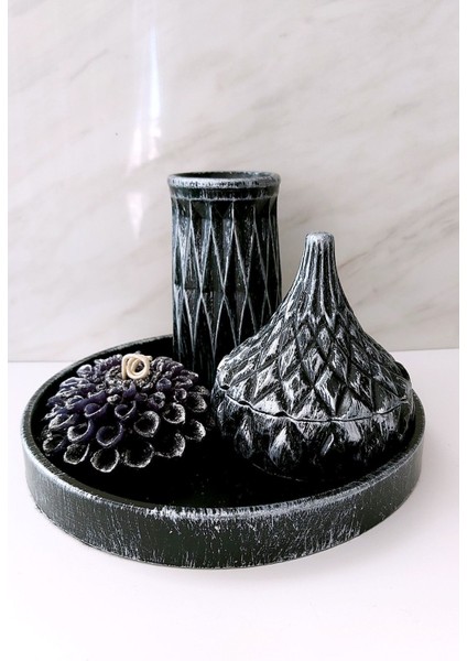 Minimal Gümüş-Siyah Vazo Yuvarlak Tepsi Çiçek Formlu Kokulu Mum Şık Bir Kutu Içeren Dekorasyon Seti fiyatları