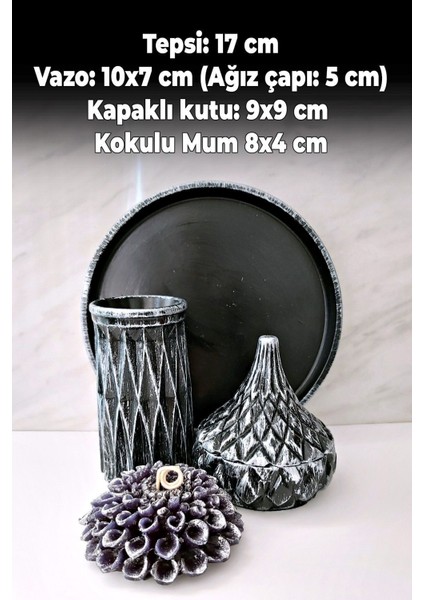 Minimal Gümüş-Siyah Vazo Yuvarlak Tepsi Çiçek Formlu Kokulu Mum Şık Bir Kutu Içeren Dekorasyon Seti indirimleri